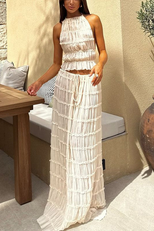 Frilled Halter Backless Crop Top Drawstring Waist Maxi Skirt Set