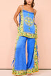 Febedress Bow Tie Side Split Cami Top Wide Leg Pants Printed Satin Set