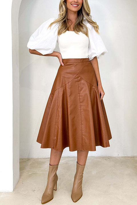 Febedress High Waist Faux Leather A-line Flare Midi Skirt