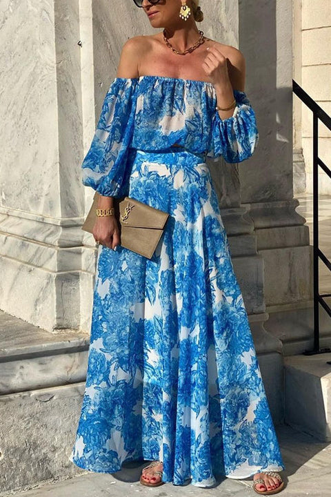 Febedress Off Shoulder Lantern Sleeves Printed Flowy Maxi Dress