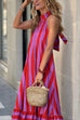 Febedress Halter Neck Open Back Striped Ruffle Maxi Vacation Dress