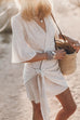 Febedress V Neck Tie Knot Cotton Linen Wrap Mini Dress