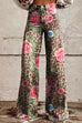 Febedress Leopard Floral Print Wide Leg Pocketed Pants