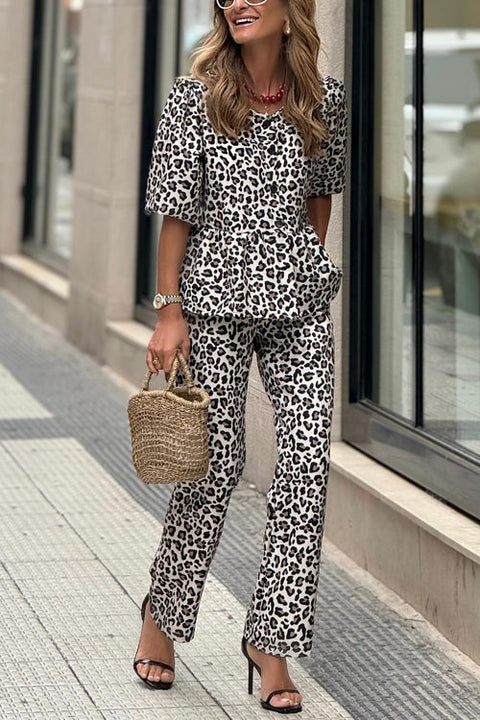 Febedress Half Sleeves Button Up Ruffle Shirt and Straight Leg Pants Leopard Set