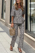 Febedress Half Sleeves Button Up Ruffle Shirt and Straight Leg Pants Leopard Set