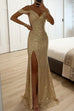 Febedress V Neck Cold Shoulder High Slit Sequin Maxi Prom Dresses