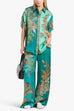 Febedress Roll Up Short Sleeves Shirt and Wide Leg Pants Printed Satin Set