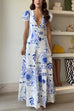 Deep V Neck Puff Sleeves Printed Swing Maxi Dress