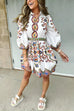 Febedress Lantern Sleeves Button Up Waisted Bohemia Print Mini Dress