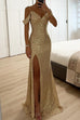 Febedress V Neck Cold Shoulder High Slit Sequin Maxi Prom Dresses