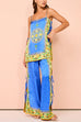 Febedress Bow Tie Side Split Cami Top Wide Leg Pants Printed Satin Set