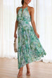 Febedress V Neck Waisted Cut Out Floral Pleated Maxi Dress