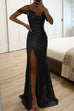 Febedress V Neck Cold Shoulder High Slit Sequin Maxi Prom Dresses