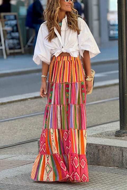 Febedress Elastic Waist Ruffle Tiered Color Block Printed Maxi Skirt