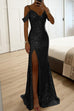 Febedress V Neck Cold Shoulder High Slit Sequin Maxi Prom Dresses