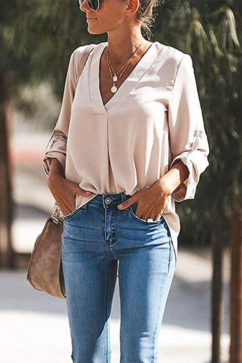 Febedress V Neck Roll Up Long Sleeves Blouse Shirt