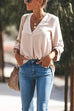 Febedress V Neck Roll Up Long Sleeves Blouse Shirt