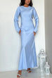 Febedress Round Neck Long Sleeves Satin Maxi Party Dress