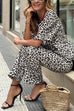 Febedress Half Sleeves Button Up Ruffle Shirt and Straight Leg Pants Leopard Set