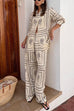 Febedress Cactus Print Lapel Long Sleeves Shirt Elastic Waist Wide Leg Pants Set