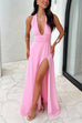 Febedress Deep V Neck Halter Tie Knot Backless Slit Maxi Dress