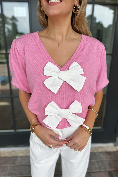 Febedress V Neck Short Sleeves Bow Knot Knit Top