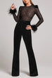 Febedress Feather Cuffs Bell Bottom Velvet Splice Jumpsuit