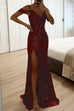 Febedress V Neck Cold Shoulder High Slit Sequin Maxi Prom Dresses