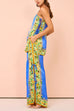 Febedress Bow Tie Side Split Cami Top Wide Leg Pants Printed Satin Set