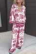 Febedress Lapel V Neck Long Sleeves Shirt Wide Leg Pants Printed Casual Set