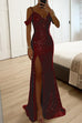 Febedress V Neck Cold Shoulder High Slit Sequin Maxi Prom Dresses