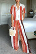 Febedress Striped Short Sleeves Button Down Shirt Wide Leg Pants Set