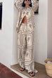 Febedress Cactus Print Lapel Long Sleeves Shirt Elastic Waist Wide Leg Pants Set