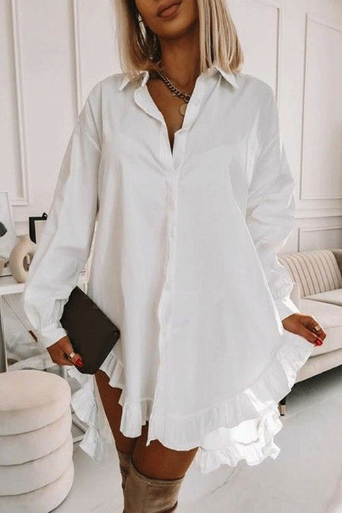 Febedress Button Down Long Sleeves Curve Hem Ruffle Shirt