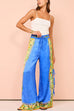 Febedress Bow Tie Side Split Cami Top Wide Leg Pants Printed Satin Set