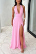 Febedress Deep V Neck Halter Tie Knot Backless Slit Maxi Dress