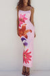 Febedress Spaghetti Strap Back Slit Lily Print Bodycon Maxi Dress