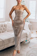 Febedress Strapless Back Slit Rhinestone Bodycon Maxi Party Dress