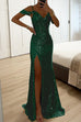 Febedress V Neck Cold Shoulder High Slit Sequin Maxi Prom Dresses