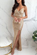 Febedress Spaghetti Strap V Neck High Slit Sequin Maxi Party Dress