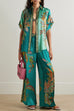 Febedress Roll Up Short Sleeves Shirt and Wide Leg Pants Printed Satin Set