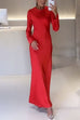 Febedress Round Neck Long Sleeves Satin Maxi Party Dress