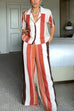 Febedress Striped Short Sleeves Button Down Shirt Wide Leg Pants Set