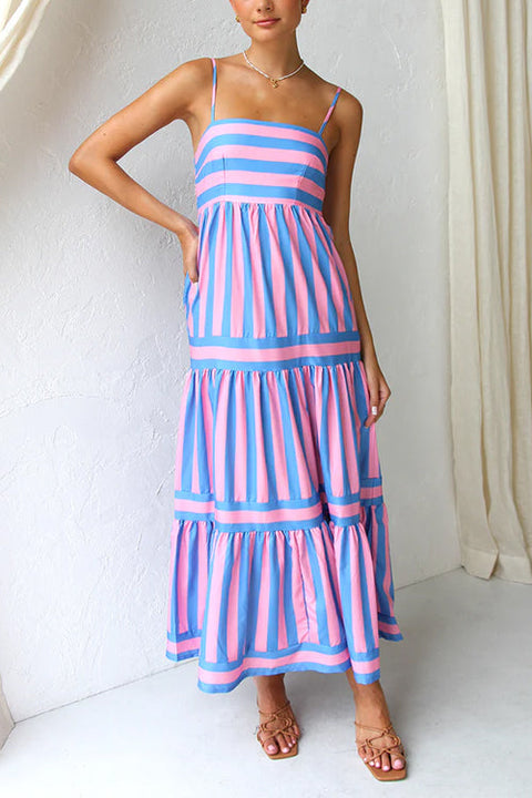 Febedress Spaghetti Strap Ruffle Tiered Color Block Striped Maxi Dress