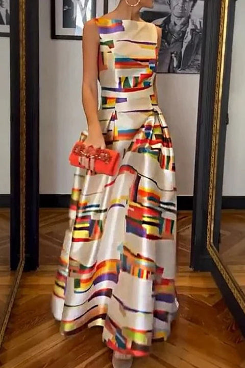 Febedress Open Back Sleeveless Printed Maxi Swing Dress