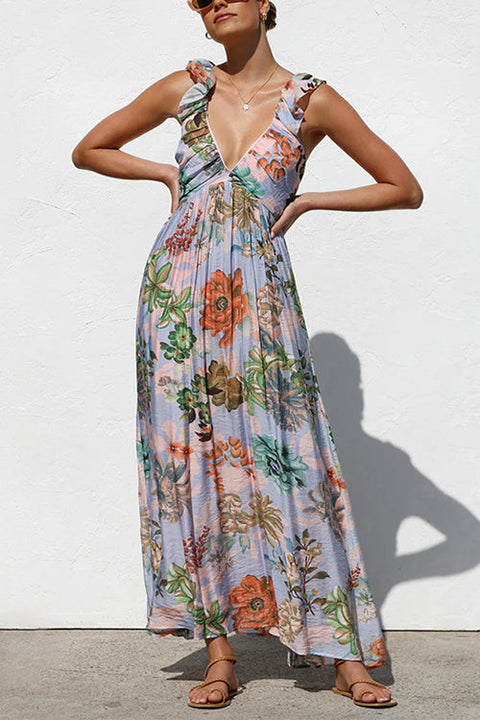 Febedress Sleeveless V Neck Floral Print Maxi Holiday Dress