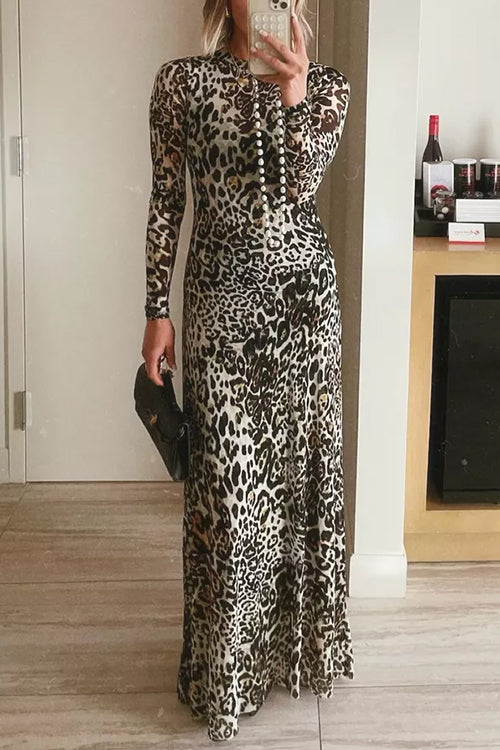 Round Neck Long Sleeves Leopard Flowy Maxi Dress