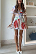 Febedress V Neck Puff Sleeves Ric Rac Trim Printed Mini Dress