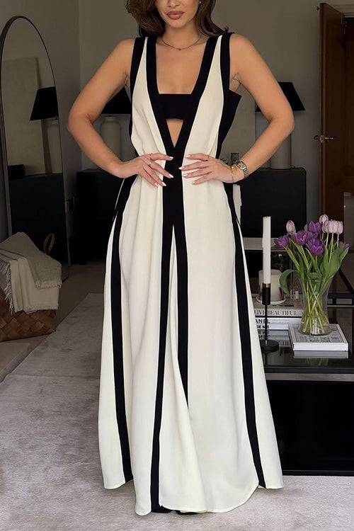 Febedress Deep V Neck Sleeveless Color Block Maxi Swing Dress