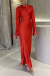 Febedress Round Neck Long Sleeves Satin Maxi Party Dress